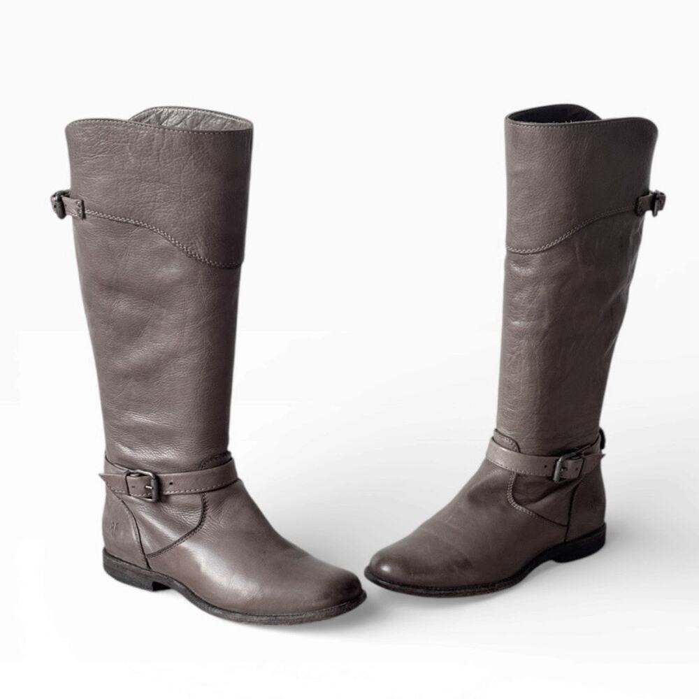 Frye Phillip Women's Size 9.5 B Riding Boots Tall Leather Gray Buckles Side Zip - Picture 7 of 13